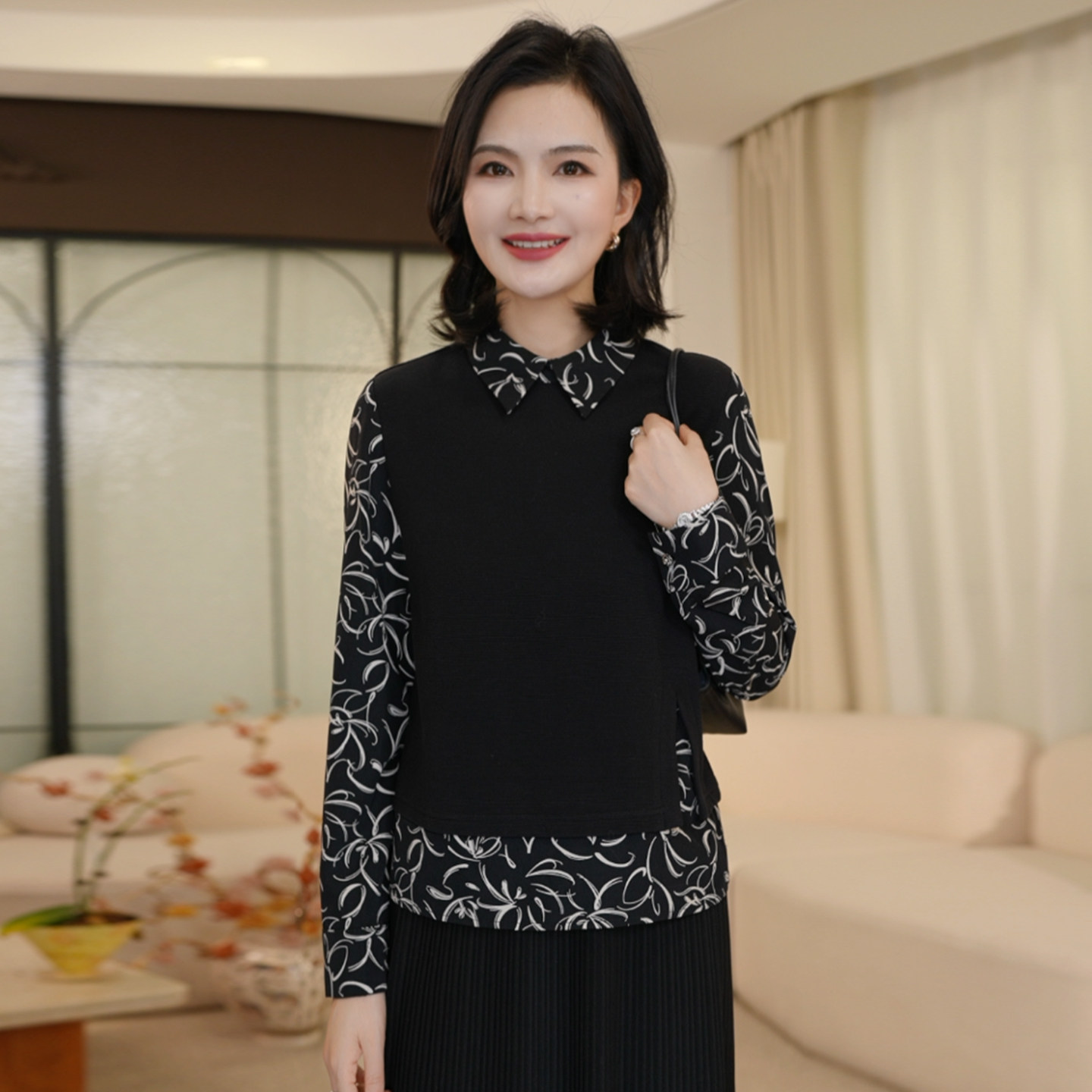 【假两件】枫竺阿楠翻领印花针梭织长袖上衣女秋新款时尚层次衬衫