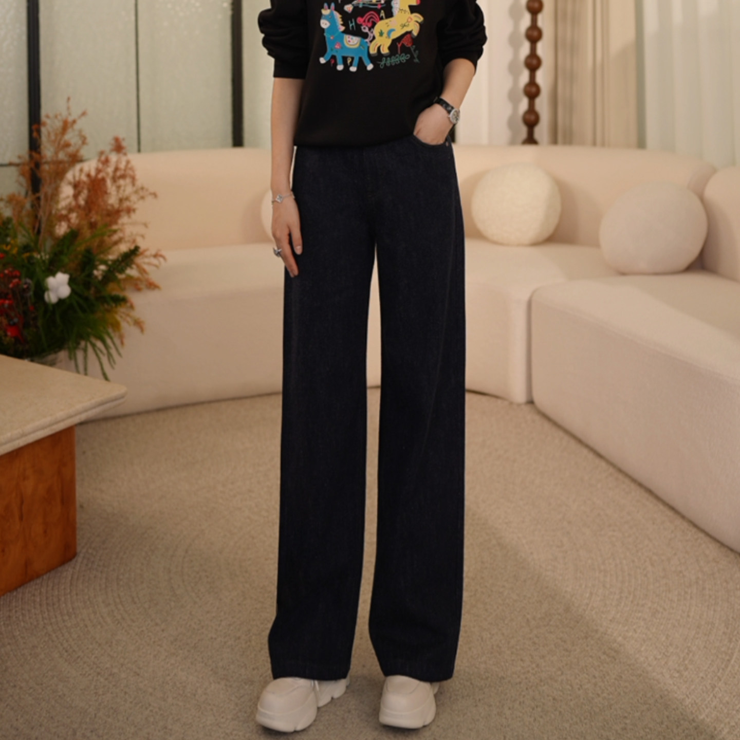 枫竺阿楠anan中高腰蓝色显瘦通勤加绒加厚牛仔裤女冬季简约长裤