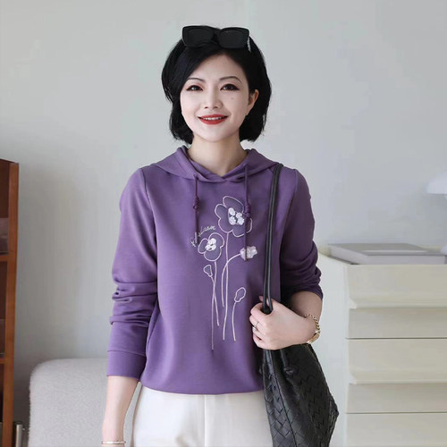 花朵刺绣抽绳连帽百搭卫衣女春