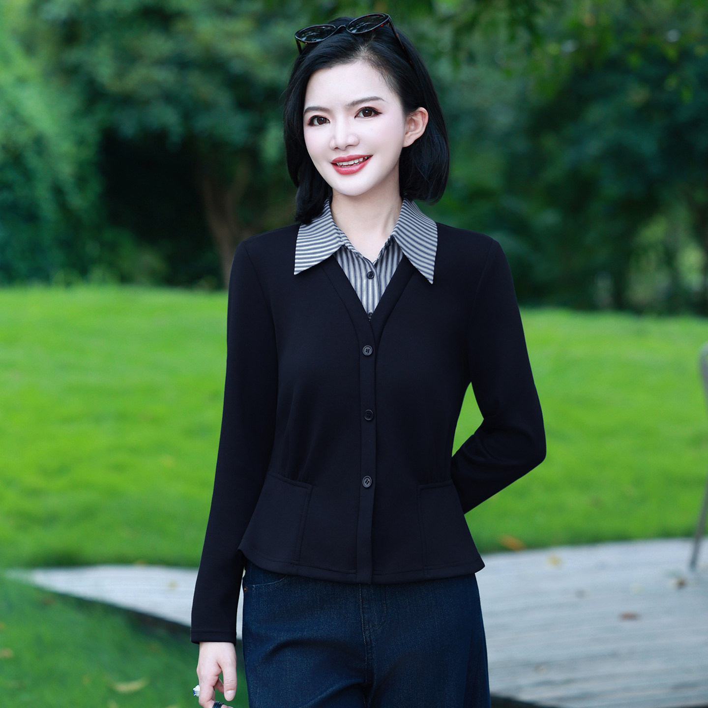【假两件衬衫】枫竺阿楠条纹翻领层次感收腰显瘦上衣初秋通勤衬衫
