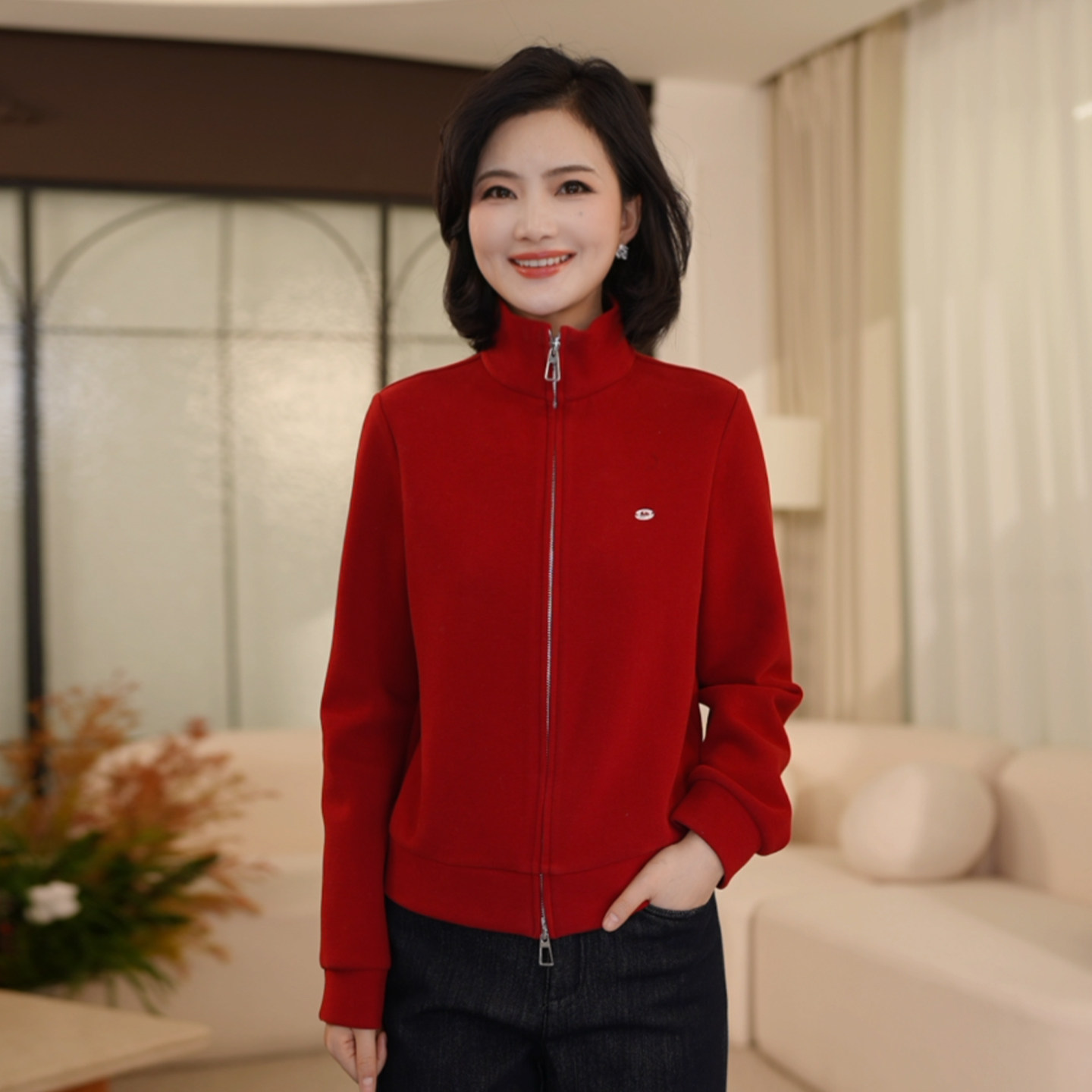 枫竺阿楠anan时尚休闲高级感立领双头拉链显瘦简约打底衫外套女冬