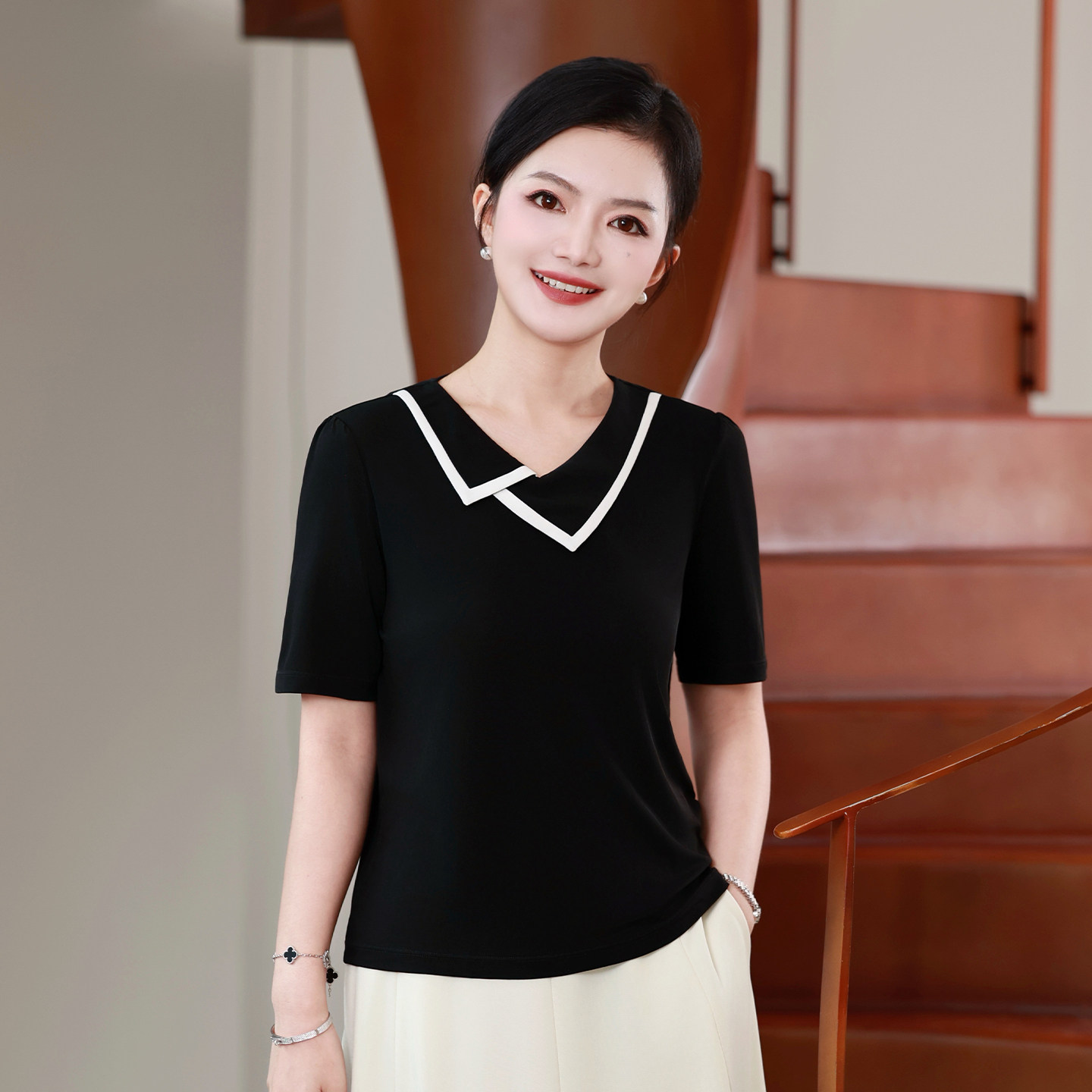 【针织桑蚕丝】枫竺阿楠气质不规则翻领撞色真丝小衫女夏纯色小衫