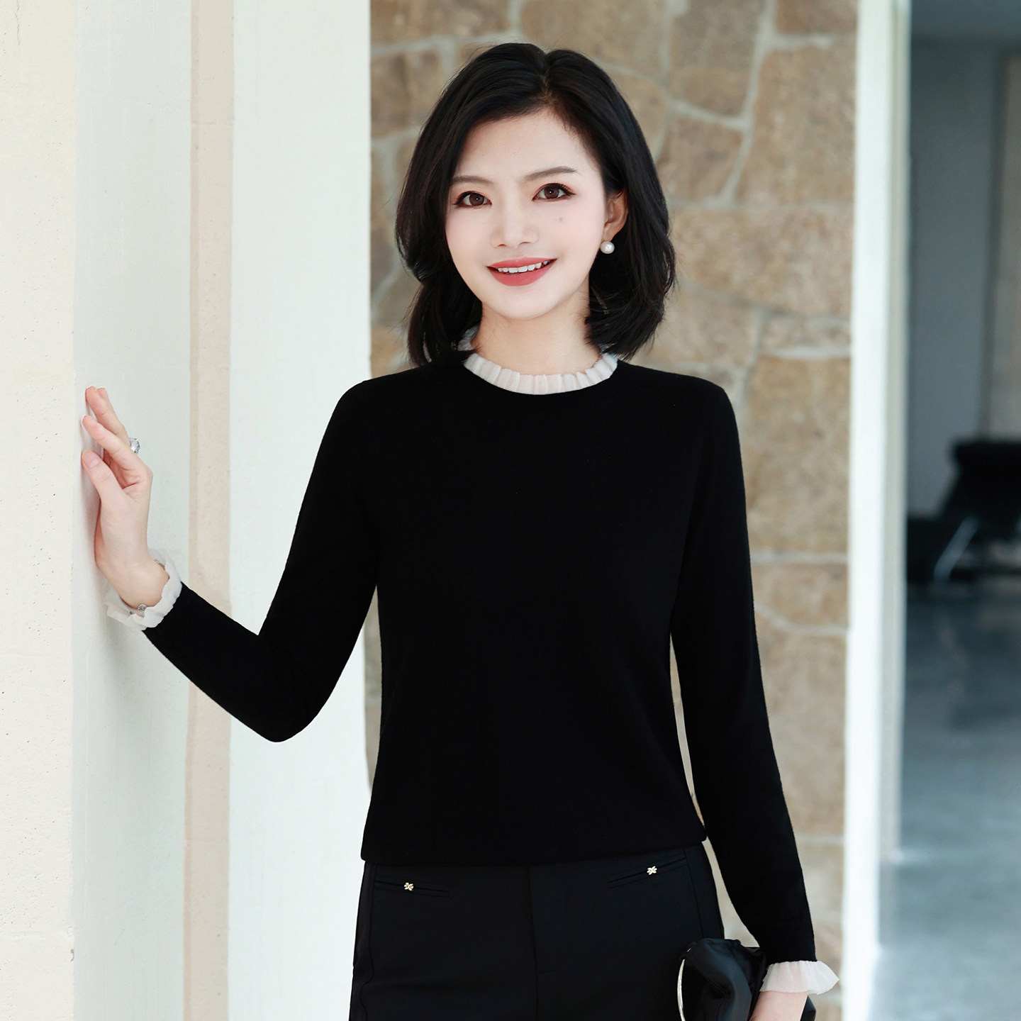 枫竺黑色亲肤显瘦针织打底衫女