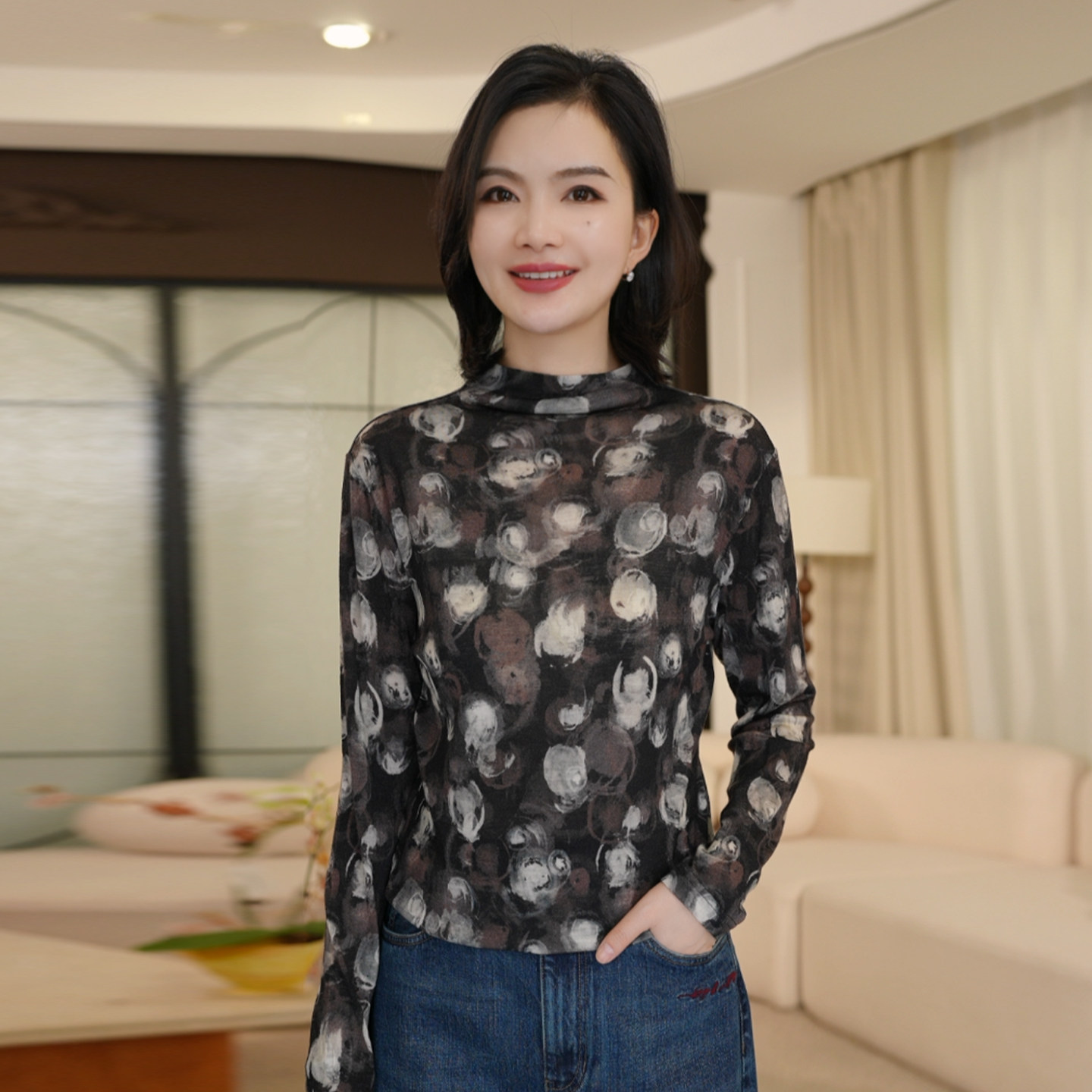 枫竺阿楠全羊毛半高领国风水墨晕染印花弹力衬衫女秋装新款羊毛衫