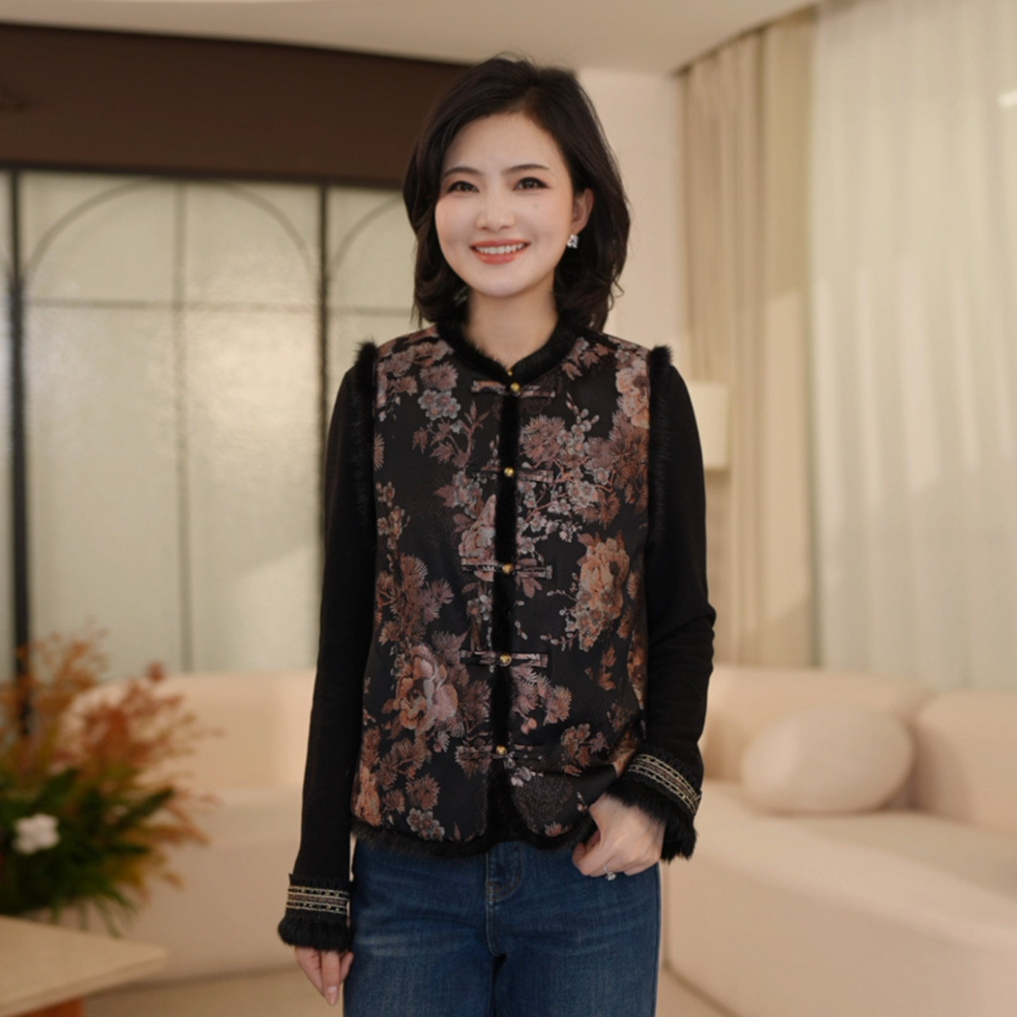 新中式提花水貂毛夹棉国风马夹