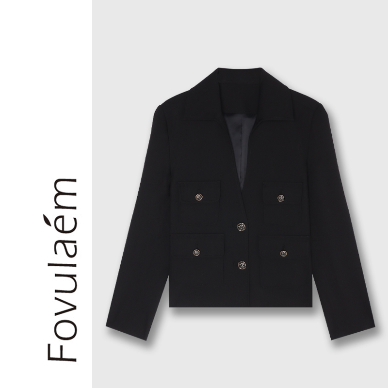 翻领两粒扣小香风外套短款女