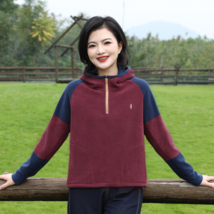 枫竺撞色摇粒绒半拉链连帽卫衣女秋冬2025年套头内搭打底出游上衣