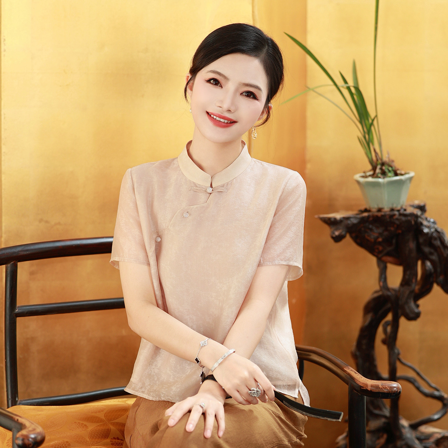 枫竺阿楠新中式国风立领盘扣短袖衬衫2026女夏季新款显瘦百搭小衫
