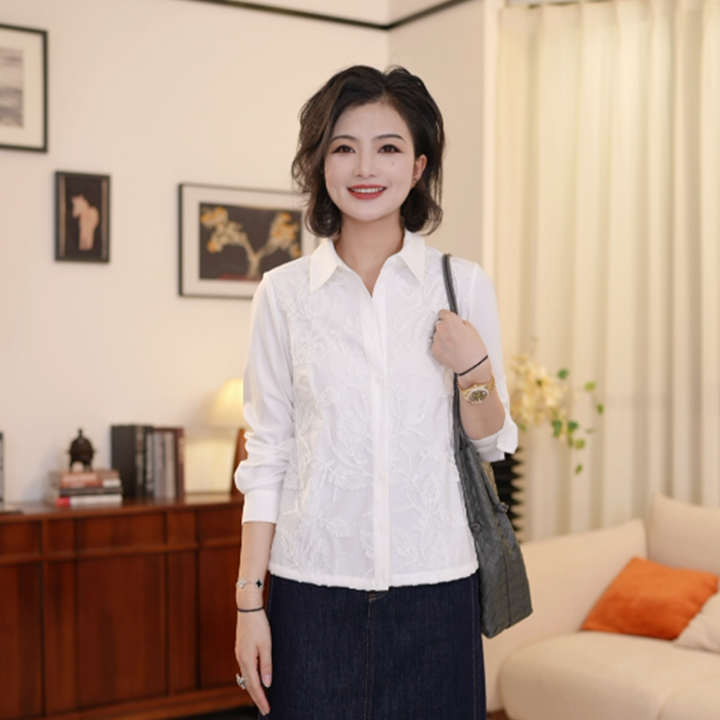 枫竺高端网纱蕾丝刺绣翻领长袖衬衫上衣2025春季新款女装白色衬衣