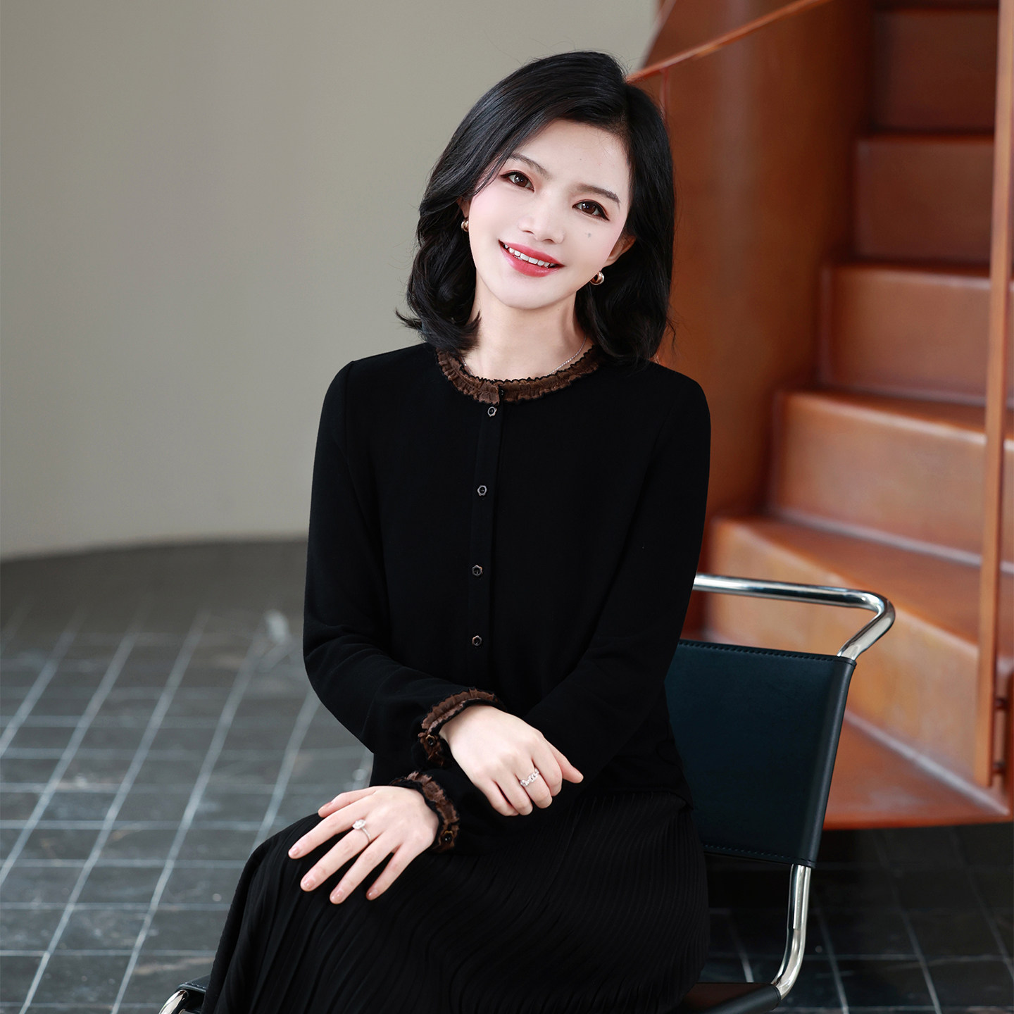 枫竺阿楠花边领保暖打底衫上衣女