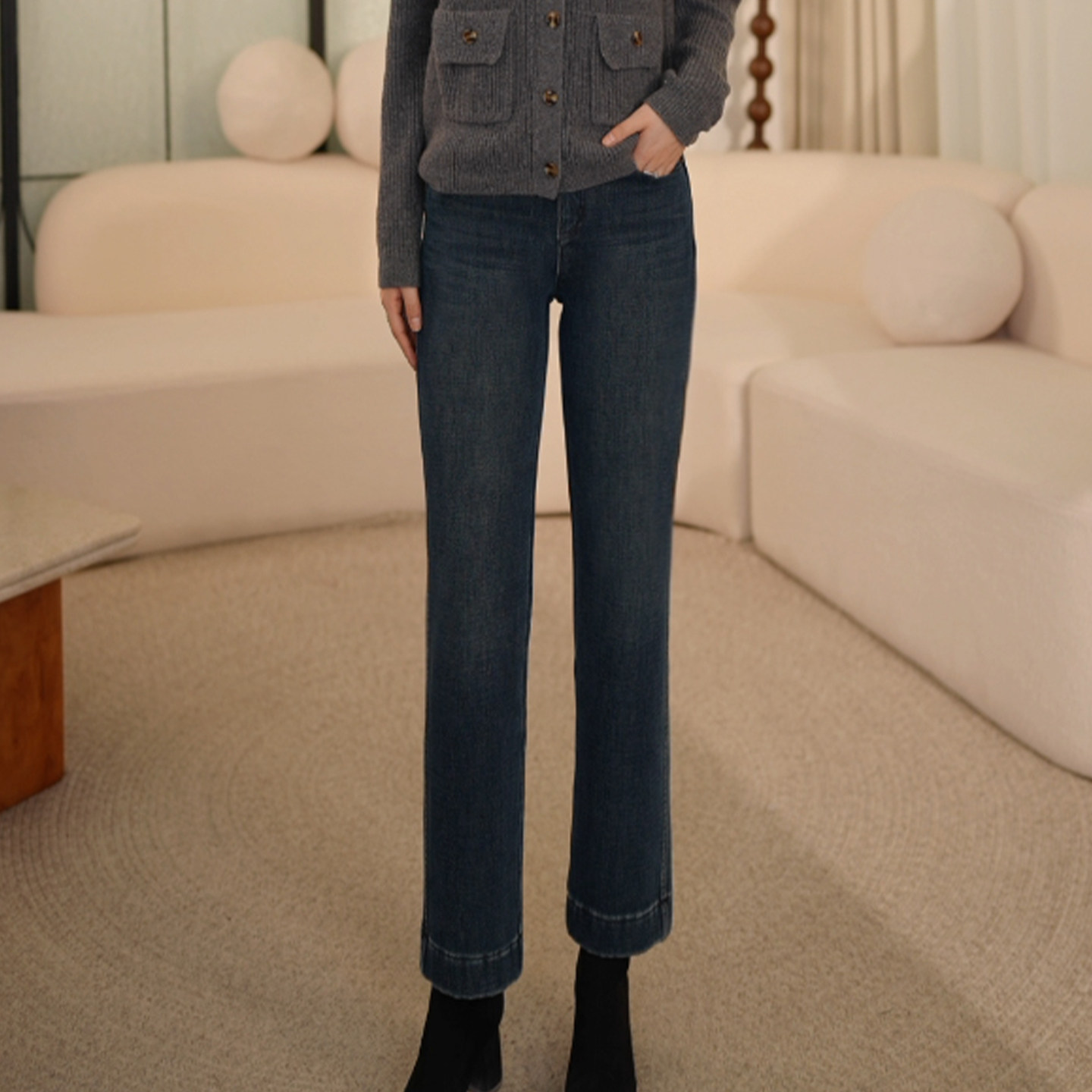 【加绒牛仔法棍裤】枫竺中高腰显瘦显高显腿长万向弹直筒裤女冬季