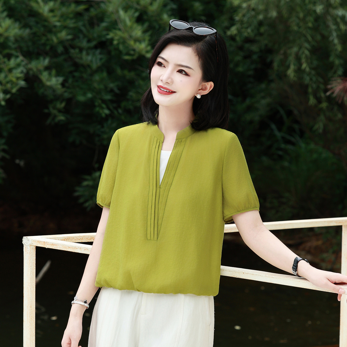 【假两件衬衫/现货】枫竺阿楠时尚百搭v领短袖衬衫2026新款女上衣