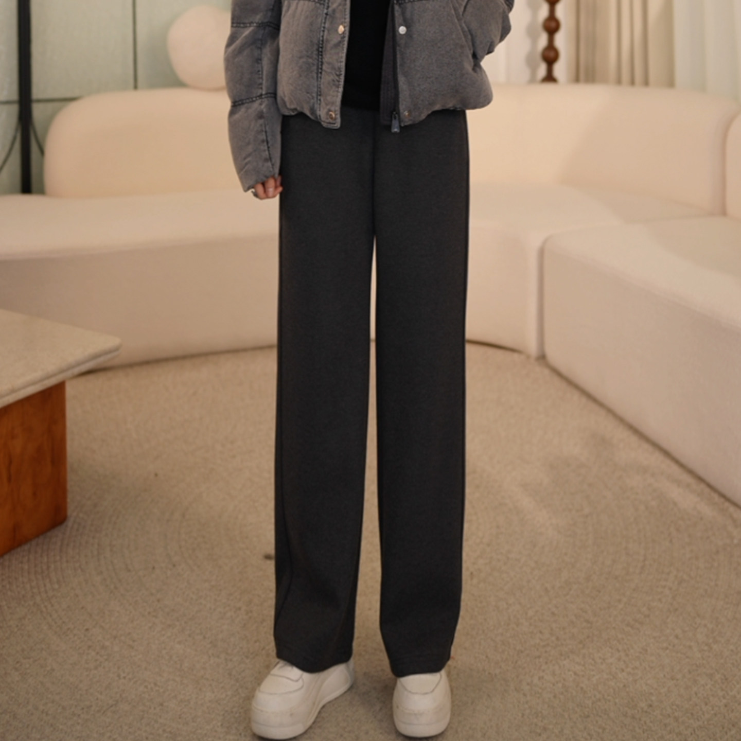 松紧腰加绒加厚休闲直筒裤女