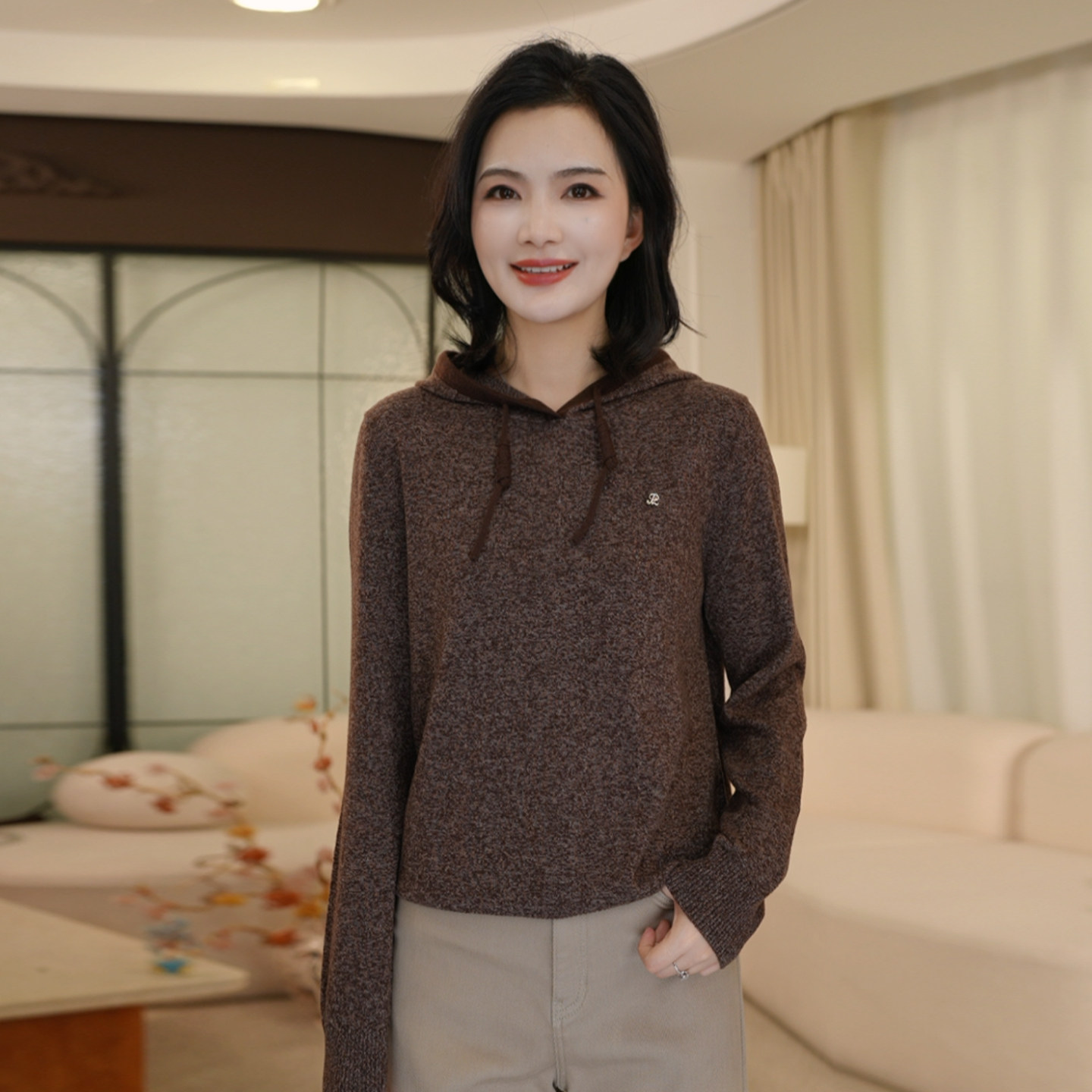 枫竺阿楠全羊毛软糯连帽抽绳花纱毛衣针织衫秋冬保暖新款羊毛衫