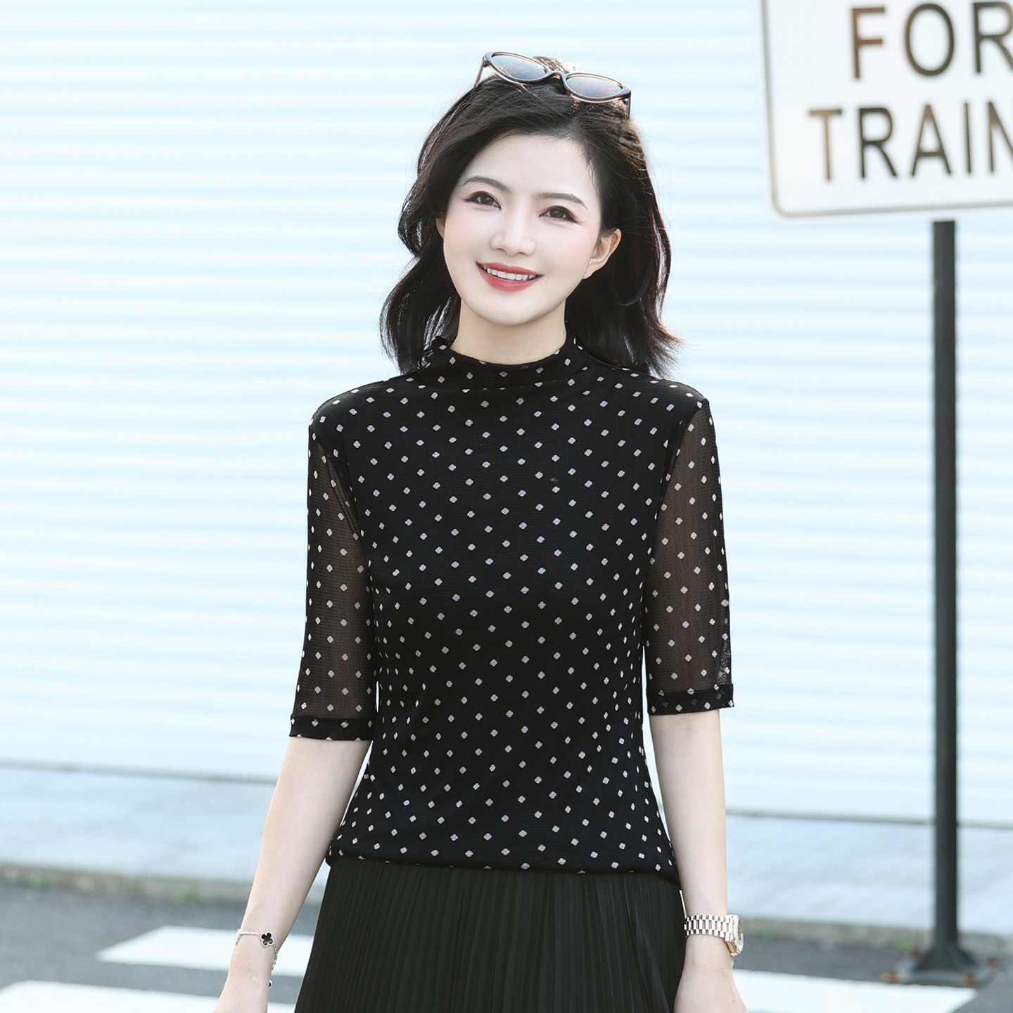 枫竺100针织桑蚕丝中袖半高领波点真丝T恤小衫女2026夏季新款上衣