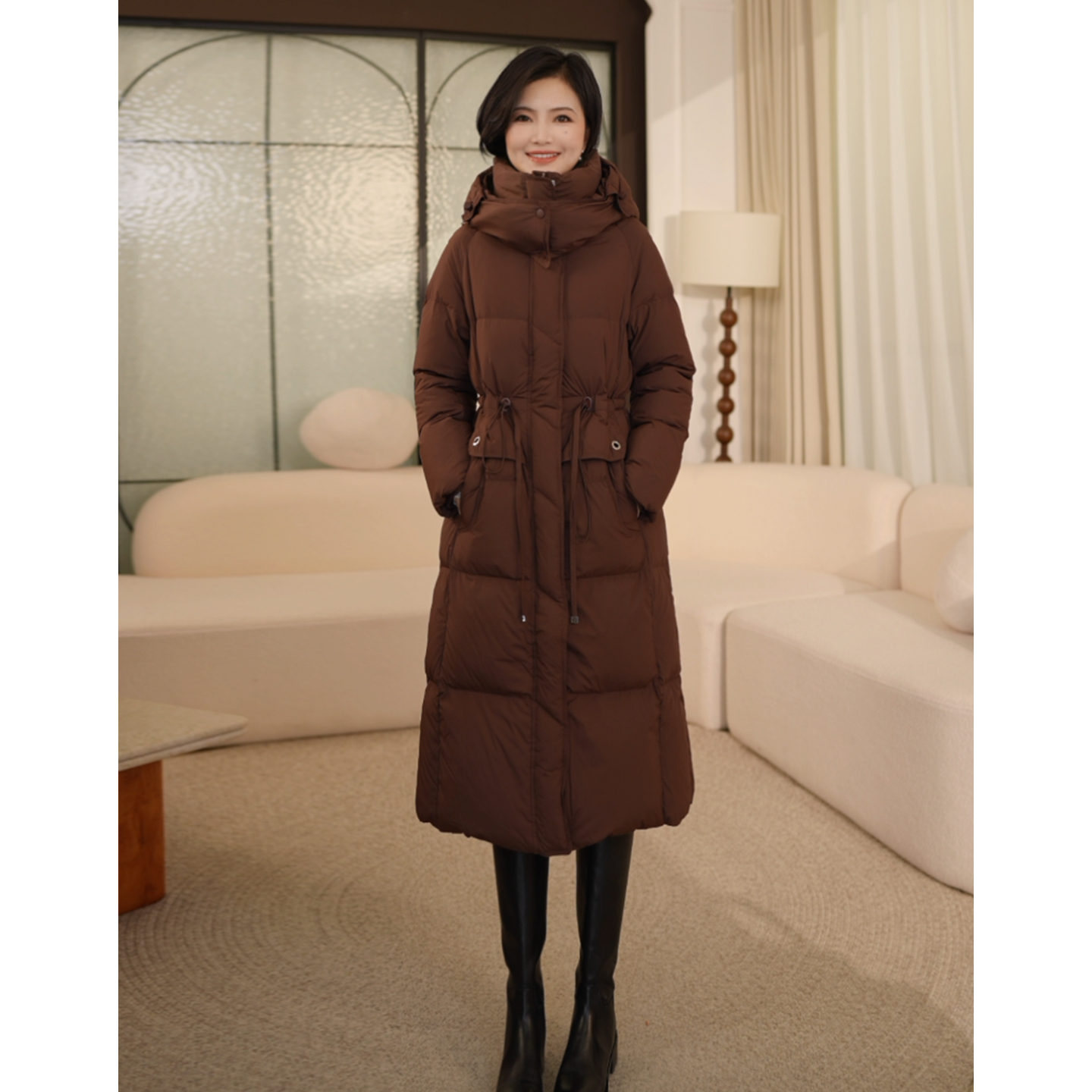 90白鸭绒连帽长款加厚保暖羽绒服