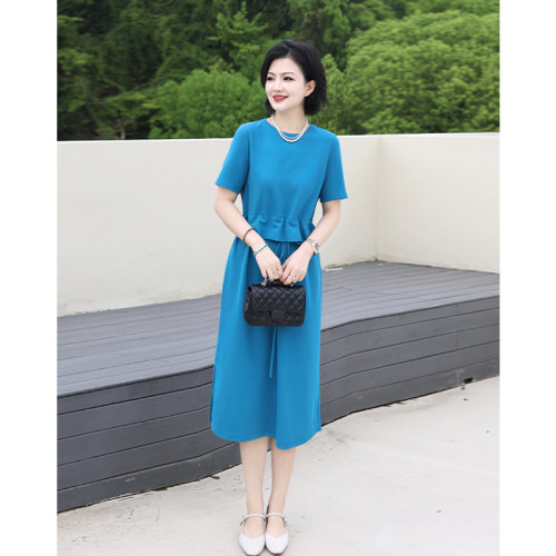 设计感纯色夏季收腰短袖连衣裙女