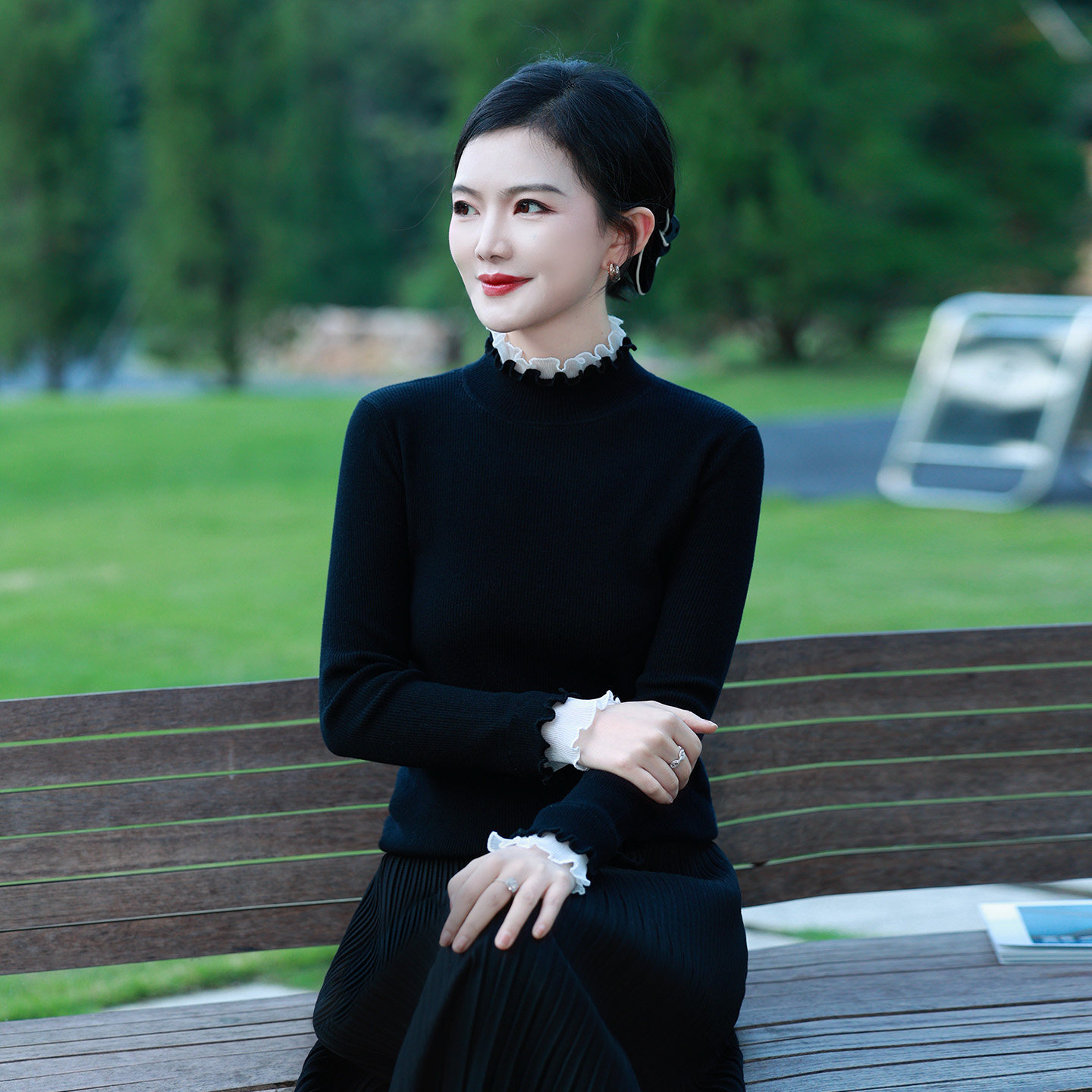 枫竺阿楠全羊毛优雅气质花边领撞色羊毛衫女2026秋季减龄打底毛衣
