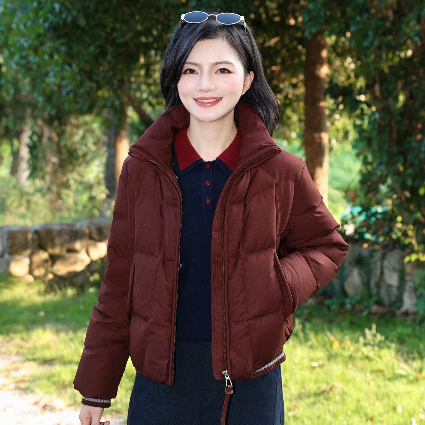 气质立领针织拼接显瘦加厚羽绒服