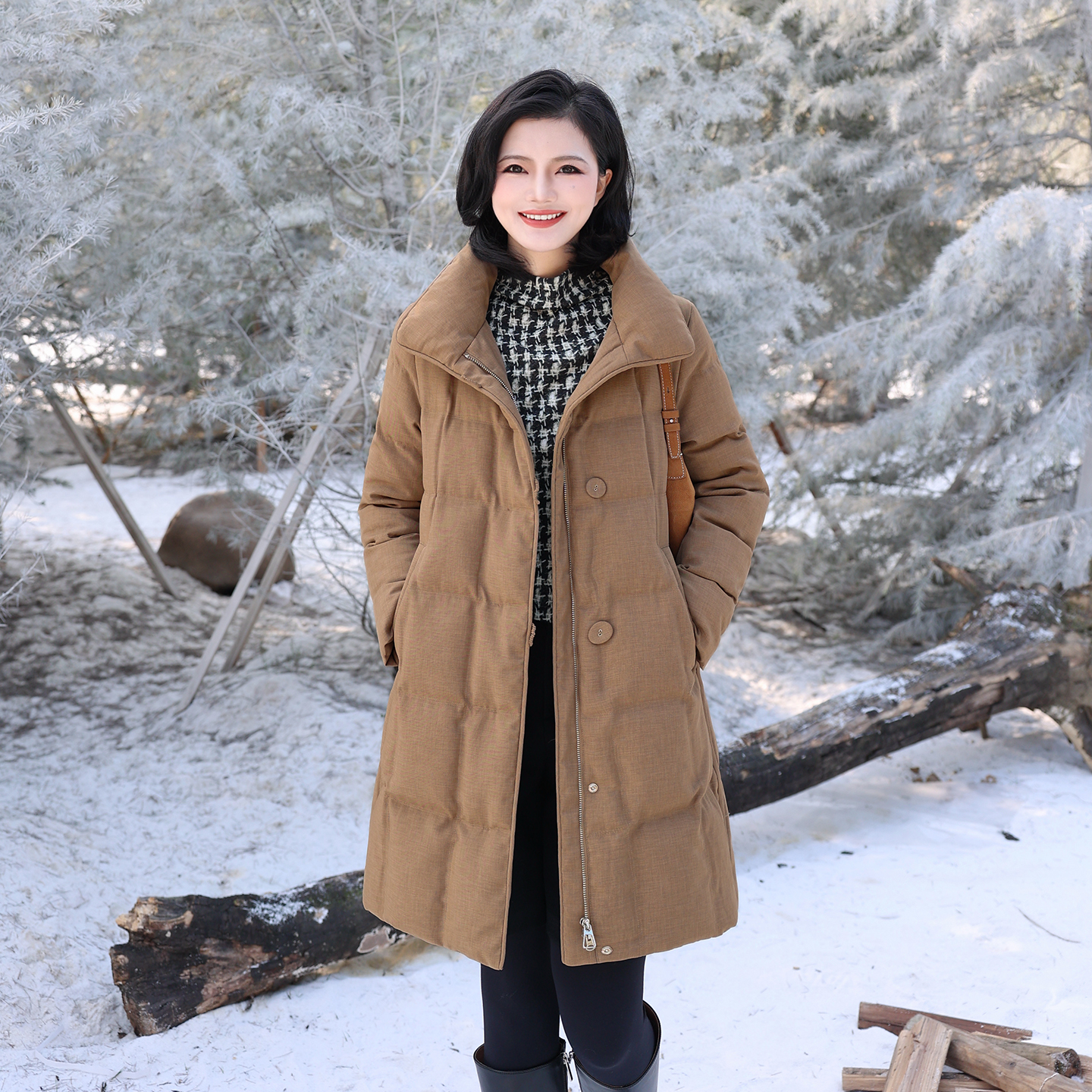 中空纱加厚中长款保暖羽绒服女