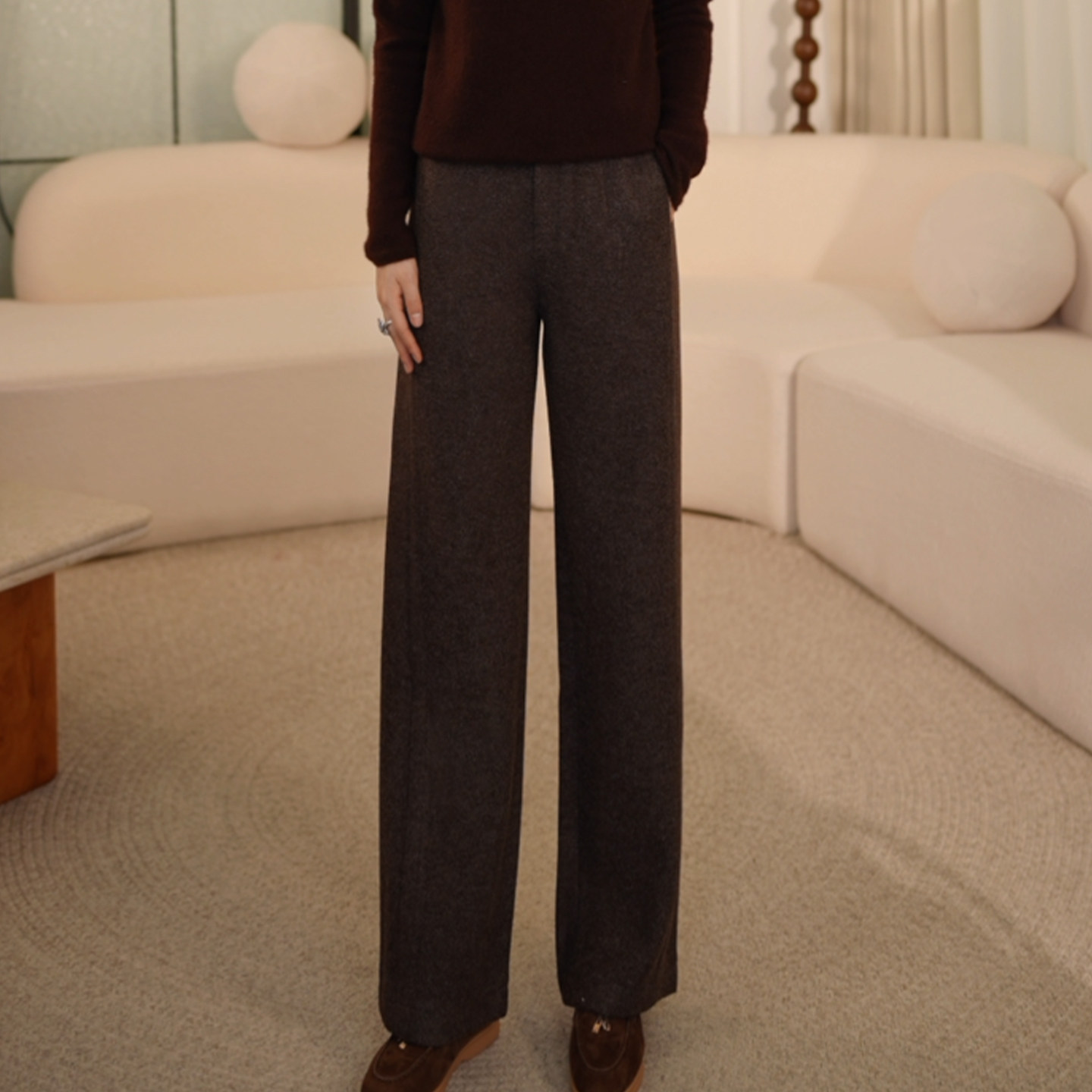 枫竺半松紧腰遮胯显瘦加厚加绒休闲直筒裤女2025冬季通勤简约西裤