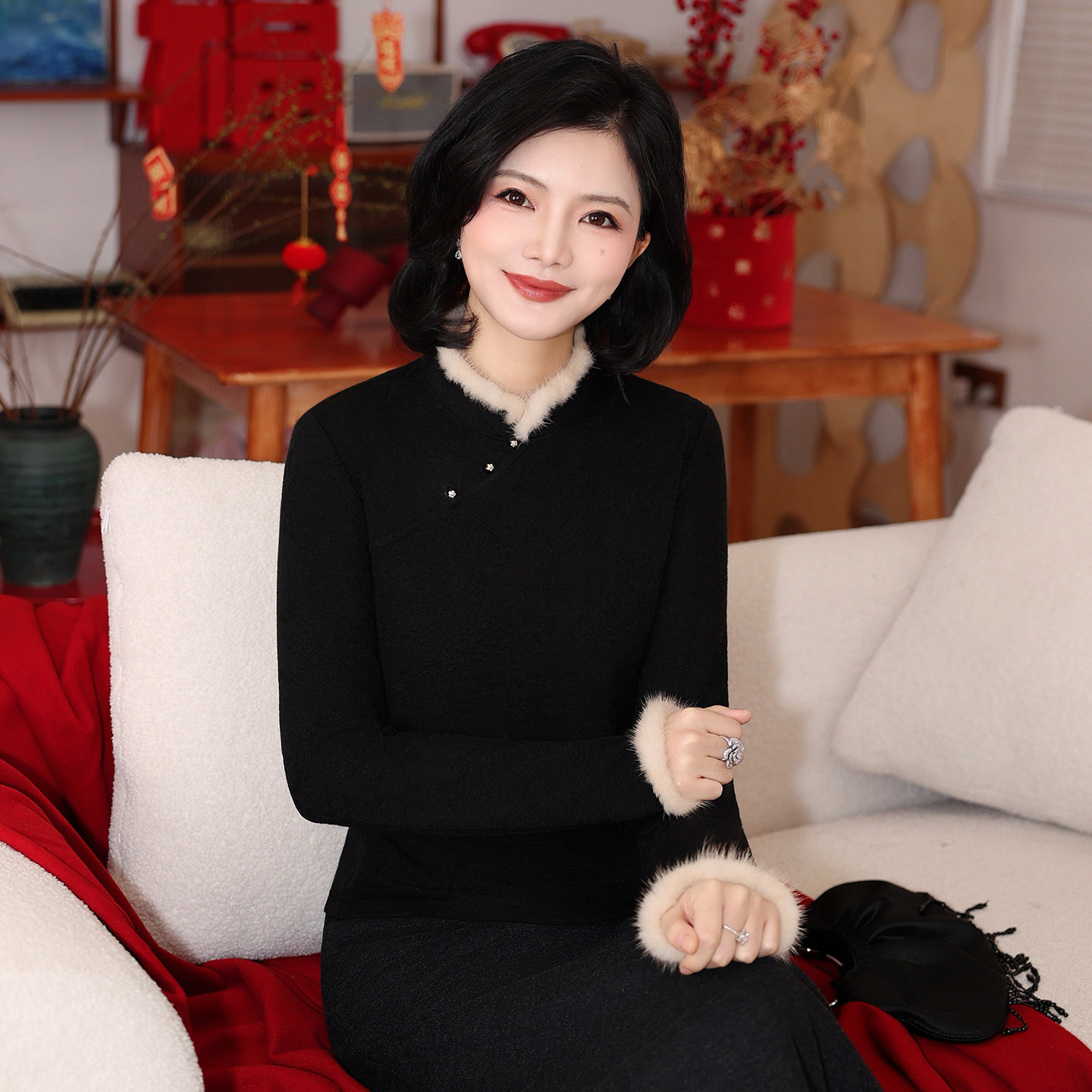 枫竺新中式国风水貂毛毛领提花弹力T恤女2025秋冬新年穿搭打底衫