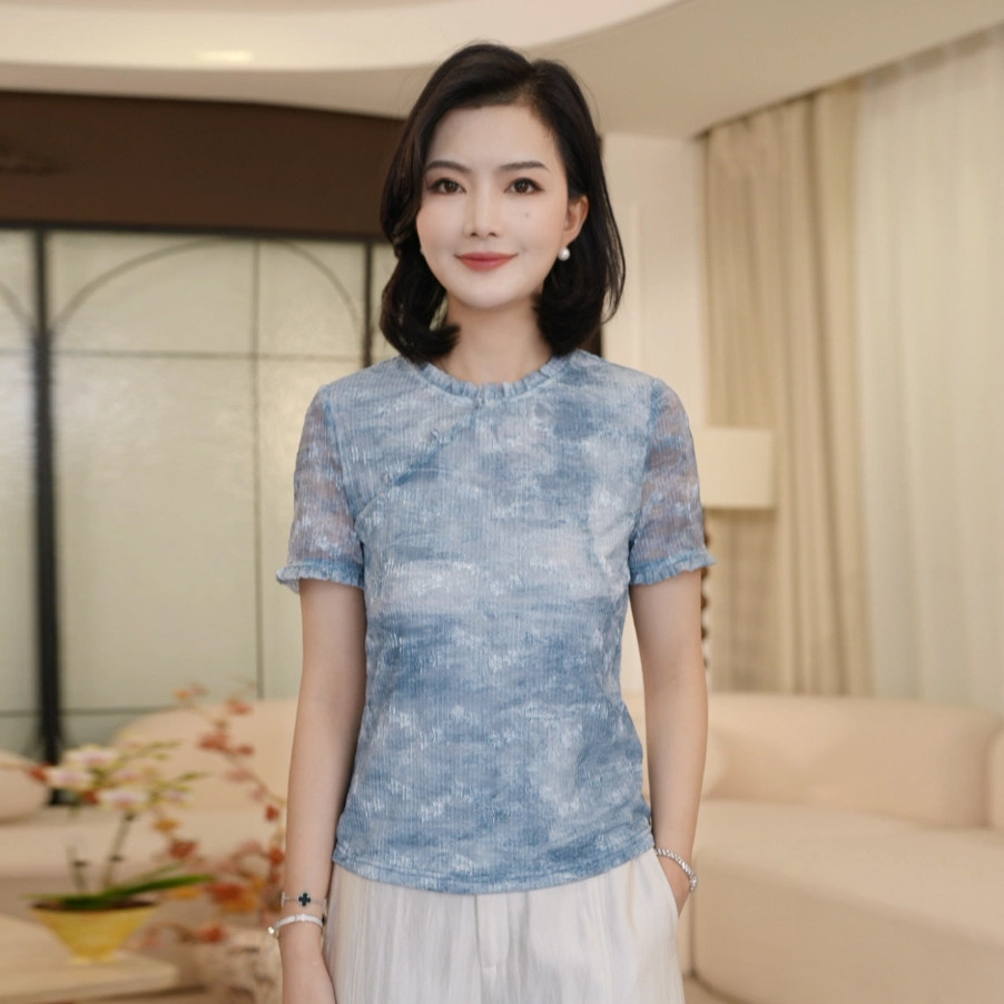 【现货】枫竺阿楠木耳边斜襟印花新中式上衣女款国风气质短袖T恤
