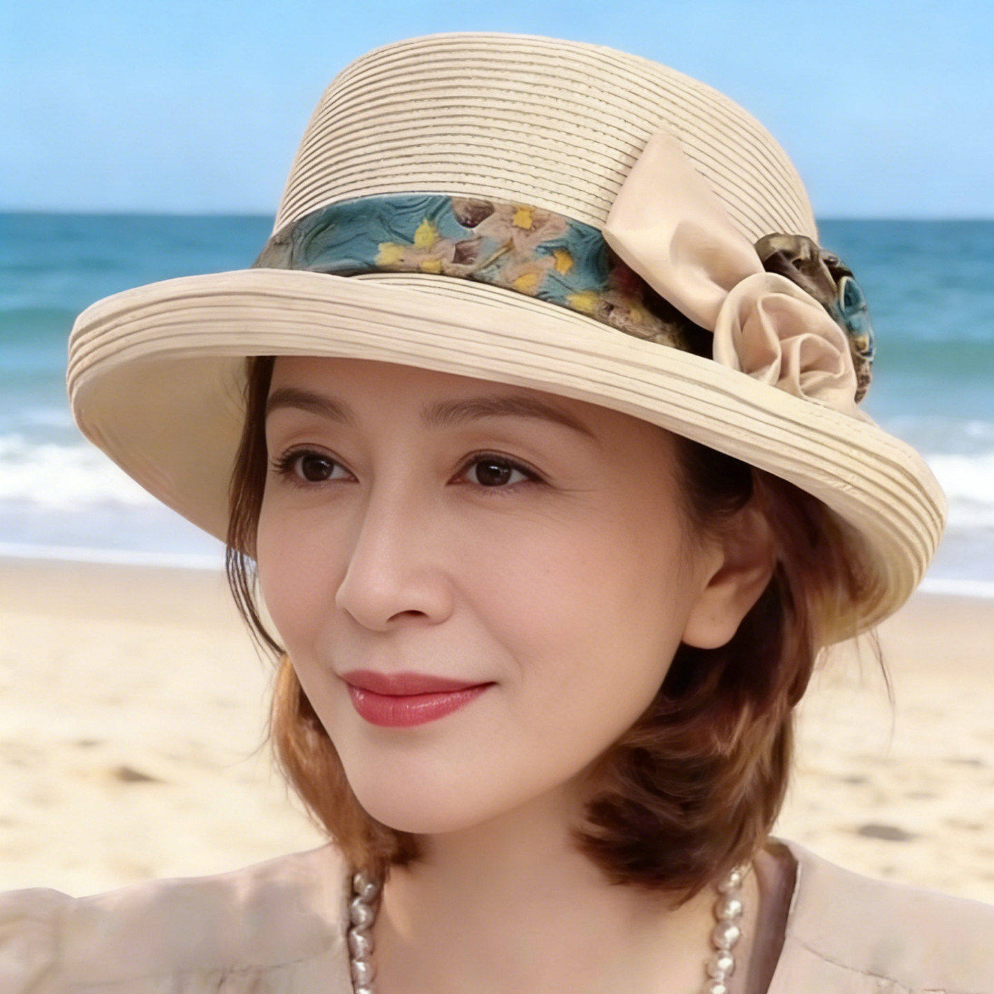 2026新款绸缎花朵草帽子女夏季遮阳帽复古轻奢名媛气质沙滩太阳帽