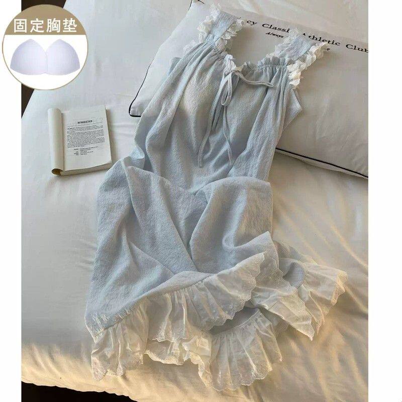 睡衣女夏季带胸垫纯棉蓝色方领花边蝴蝶结中长款睡裙小个子家居服