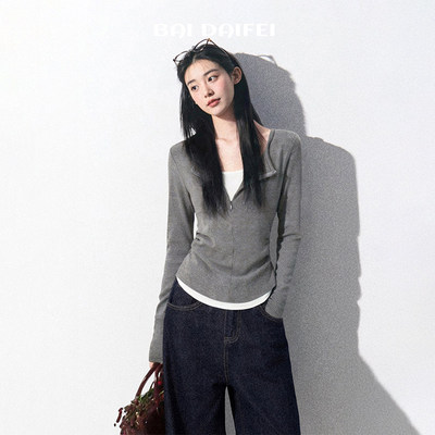 灰色假两件正肩长袖t恤女