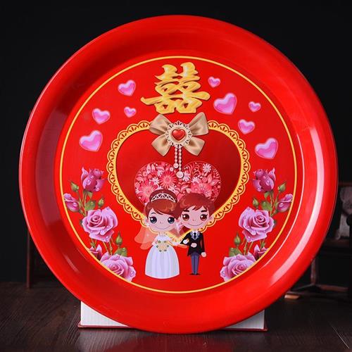 速发雷运 结婚用品托盘 婚庆盘托水果盘 敬茶品用茶盘 红色圆形果