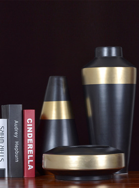 速发黑色简约陶格风瓷花瓶三件器花套艺术品家居摆件大中小号