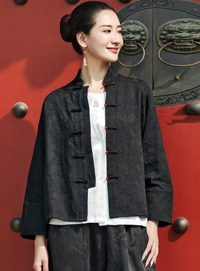 速发黑色新花式外套短袖长款开衫唐装中国风装提中汉服盘扣上衣春