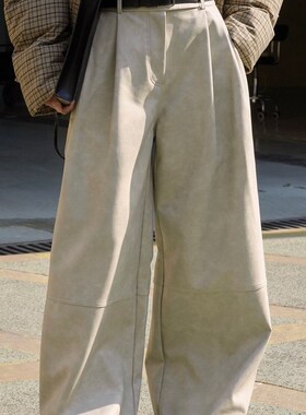 速发白色阔腿皮裤美u哑光冬季新款p式工装直筒闲腰加厚保暖休高长