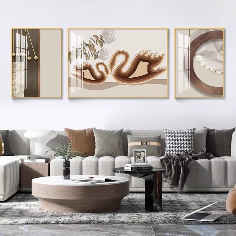 速发轻奢壁画客厅挂画沙发背景墙装饰画现代简约蓝色羽毛大气三联