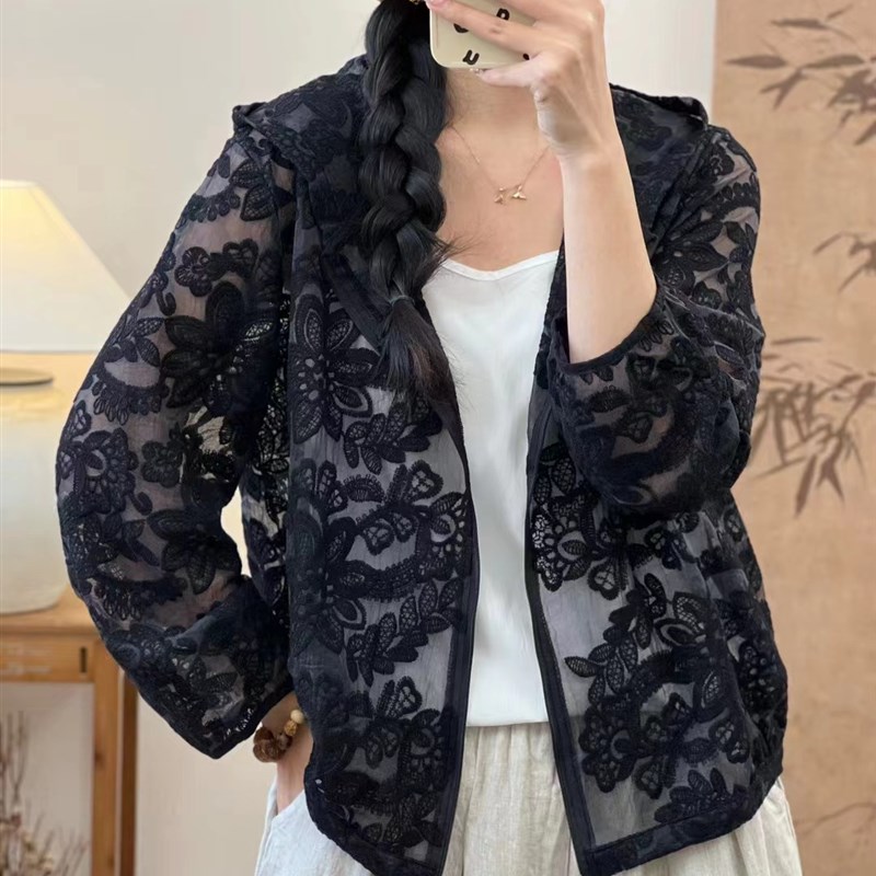 速发56蕾02纯色网纱绣花连帽防晒衣小个子宽色夏季粉松6丝开衫外