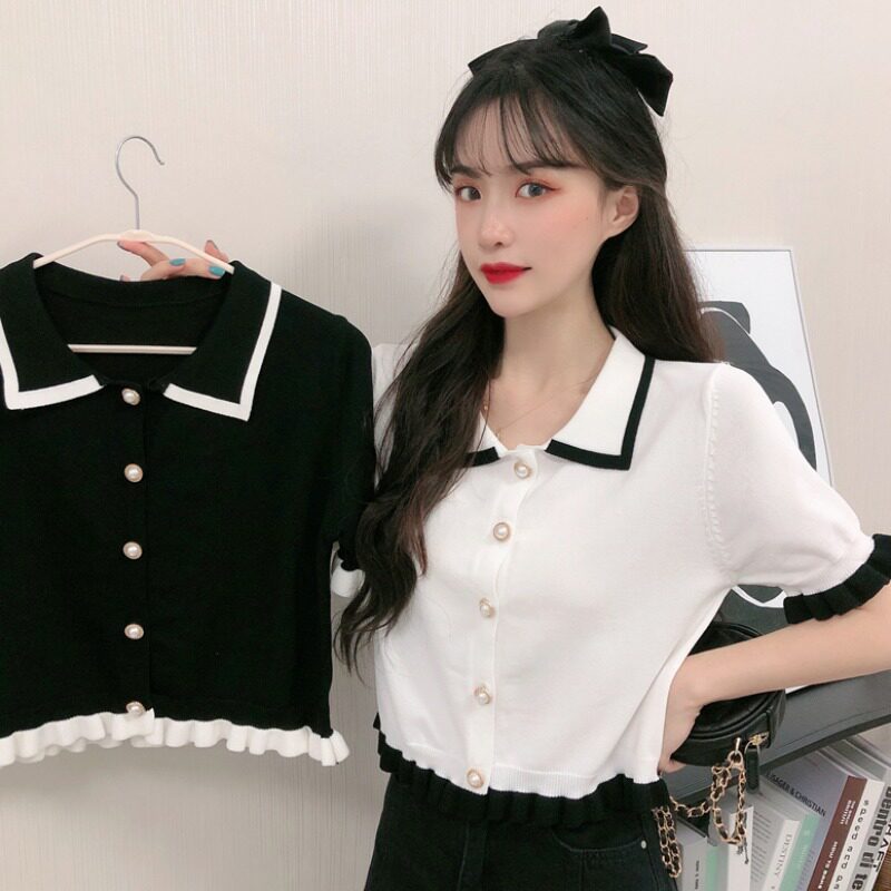 速发学院风甜美黑白撞色T恤女夏季Polo领荷叶边短款针织上衣