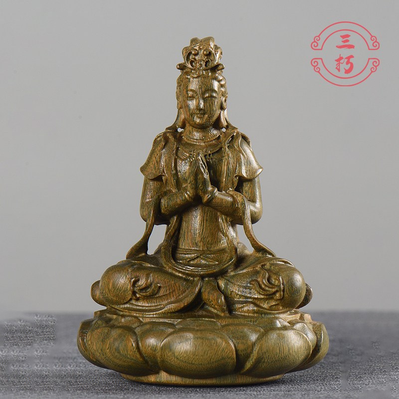 速发绿檀木雕刻莲花南海观世音菩萨佛像供奉本命佛文玩工艺品
