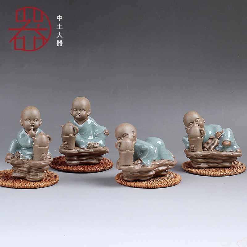 速发汝窑紫如小茶宠小和尚件窑 工艺小砂来佛茶艺摆哥 四勿和尚茶