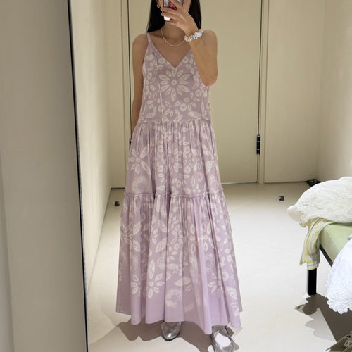 现货 ed系碎花V领吊带长裙女宽松蛋糕裙温柔度假风长款连衣裙夏季