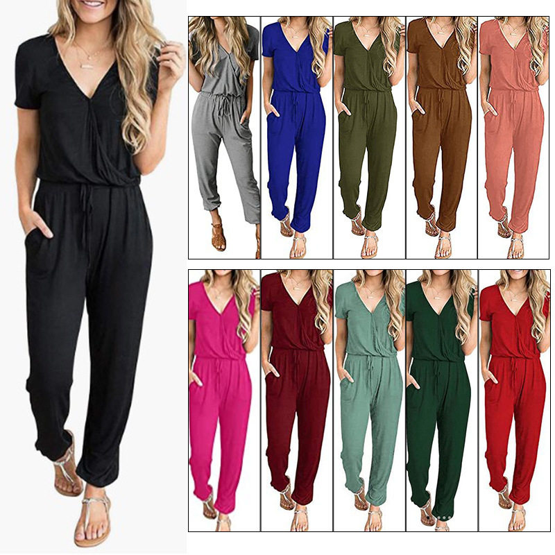 Solid color deep V-cross jumpsuit女士纯色深V领交叉短袖连体裤