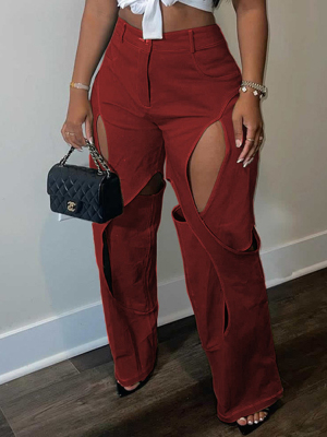 高腰拼接镂空阔腿长裤