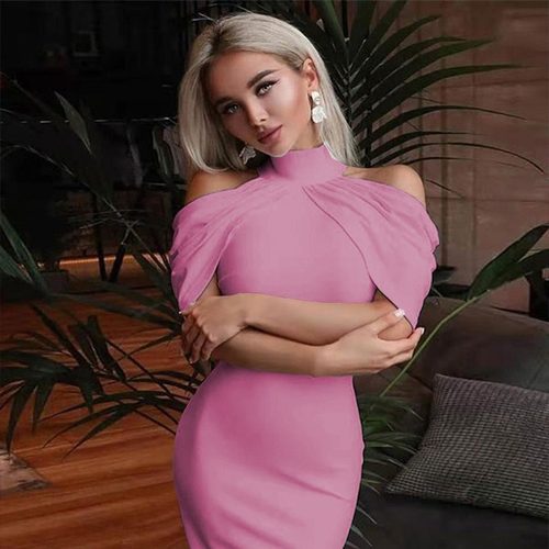 纯色漏肩挂脖修身短袖包臀连衣裙