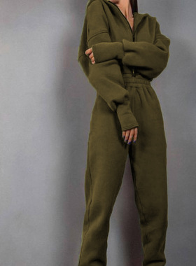 Solid-colored sports jumpsuit纯色运动休闲拉链连帽收腰连体裤