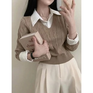 collar shirts衬衣领拼接假两件针织衫 fake knitted 女 two Shirt