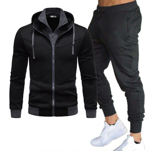 Men's sports stitching suit运动拼接休闲长袖长裤连帽运动套装