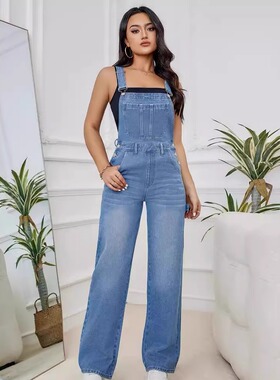 Washed denim overalls女装外贸修身直筒休闲水洗牛仔背带长裤女