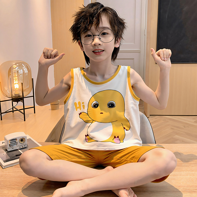 纯棉儿童睡衣夏季薄款男童无袖背心短裤套装男孩中大童学生家居服