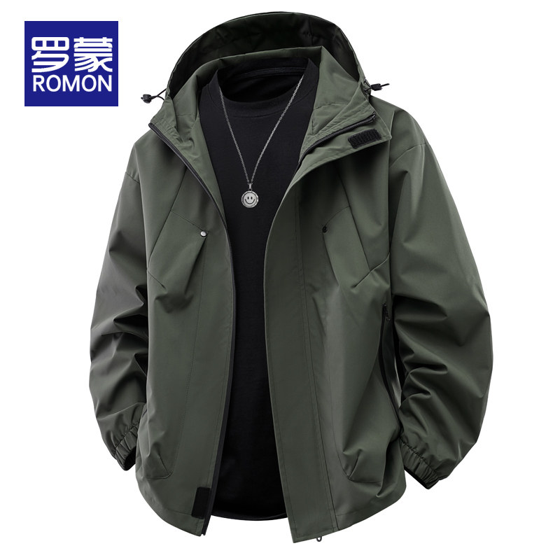 罗蒙男士连帽夹克2026新款春秋季宽松工装休闲上衣运动冲锋衣外套