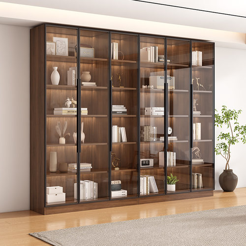 书柜家用客厅一体整墙到顶玻璃门展示酒柜定制书架实木组合手办柜